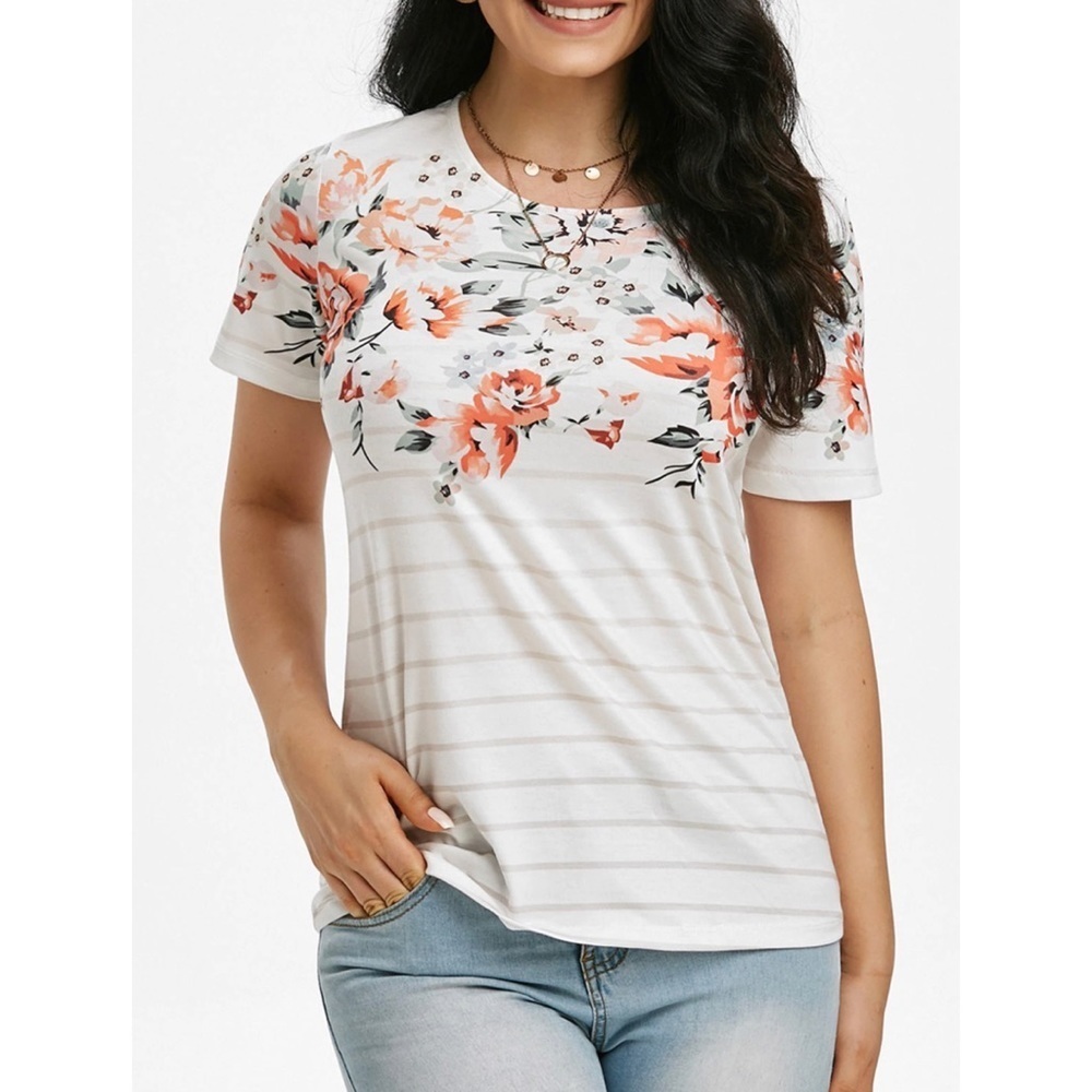 Striped Floral Print Short Sleeve T-shirt L